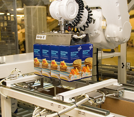 Automation helps meet shelf-ready criteria The robot cell is fitted with a six-axis ABB robot arm which can be fitted with between six and 12 suction grippers to suit a range of product quantities