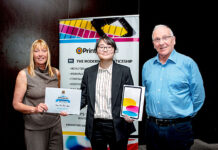 Spirit Labels apprentice takes top prize at Print Scotland ceremony L-R: Susan Graham; Ines Hiu Wai Law; and Jim McKenzie