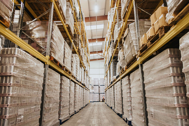 Warehouse with packed shelves