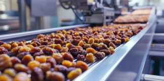 Raisins being packaged on a conveyor belt