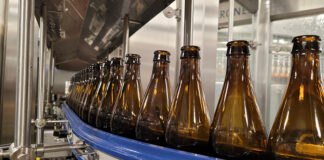 Beer bottles on filling line