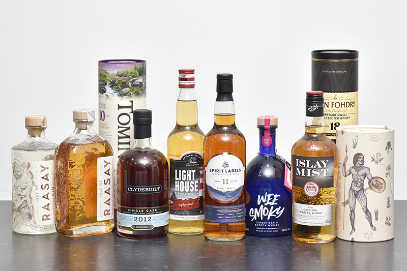 Spirit bottles featuring different labels