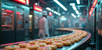 A close-up view of cookies on a conveyor belt