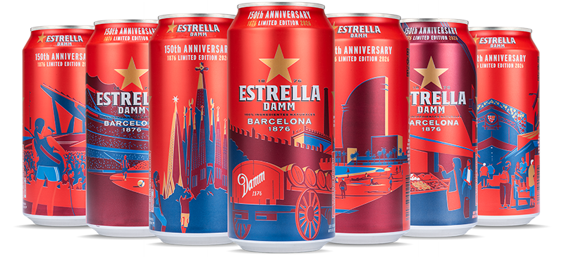 Estrella cans featuring Barcelona landmarks
