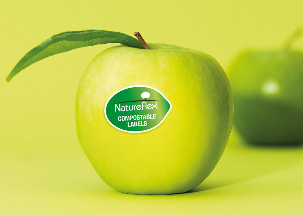 Apple wth compostable label