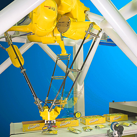 FANUC’s food grade dexterous M-3iA6A pick and place system for complex, lighter products which can be accumulated to fit shelf-ready cases