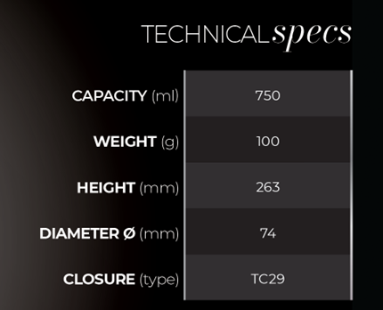 Technical specs graph. Capacity 950ml, Weight 100g, Height 263mm, Diameter 74mm, Closure TC29.