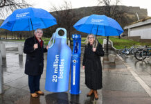 Scottish Water hails success of Top Up Taps in reducing single-use plastic Peter Farrer of Scottish Water and climate action secretary Gillian Martin. Image credit: Paul Devlin / SNS Group