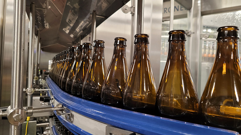Beer bottles on filling line
