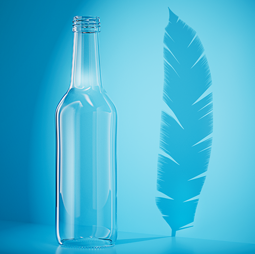 Empty glass bottle next to a feather to depict lightness