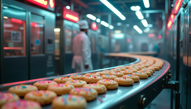 A close-up view of cookies on a conveyor belt